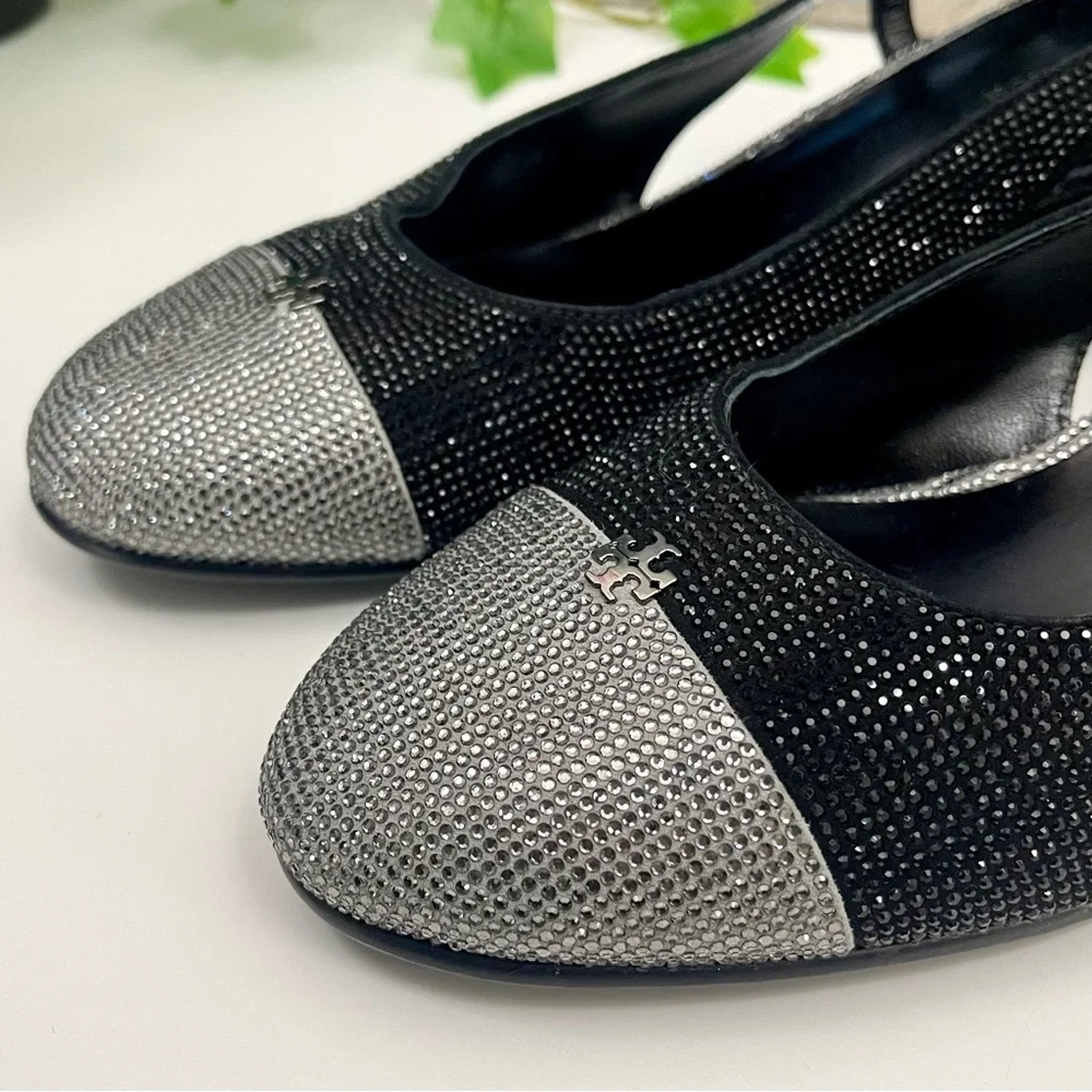 Tory Burch Cap Toe‎ Pave Slingback Heels in Black Silver Size 7